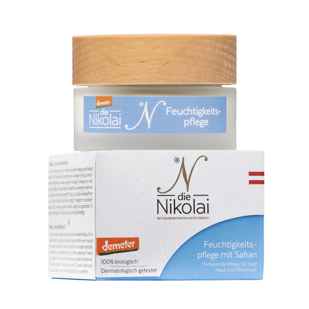 dieNikolai Feuchtigkeitspflege mit Safran und Holzdeckel sowie Verpackung mit Demeter-Siegel – mattierende Bio-Pflege für ölige Haut und Mischhaut