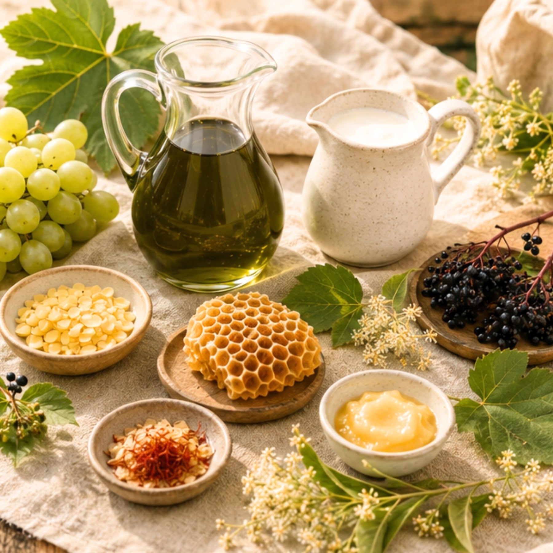 Stillleben mit Traubenkernöl-Karaffe, Milchkrug, Honigwabe, Safran und Holunderbeeren auf Leinen – natürliche Inhaltsstoffe der dieNikolai Demeter Bio-Traubenkosmetik aus der Wachau