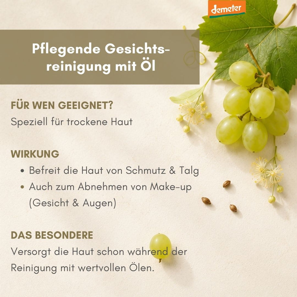 dieNikolai Reinigungsmilch in rosa Spenderflasche mit Demeter-Verpackung, Traubenkernen und Mandeln – sanfte Bio-Gesichtsreinigung für trockene Haut aus Österreich