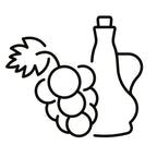 Schwarz-weisse Liniengrafik einer Weintraube mit Blatt neben einer Ölflasche – Symbol-Icon für Traubenkernöl und Bio-Traubenkosmetik von dieNikolai aus der Wachau