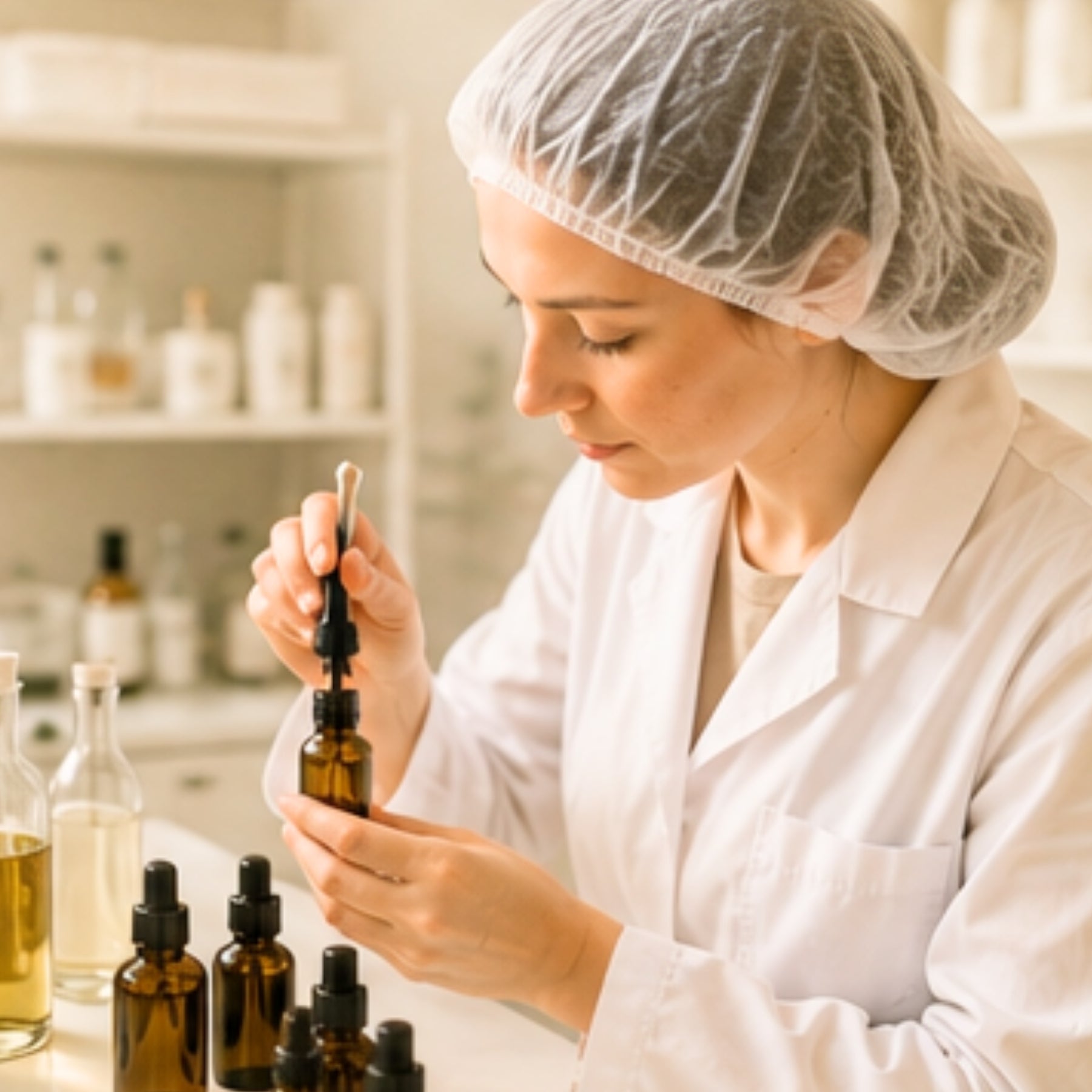 Junge Laborantin in weißem Kittel und Haarnetz öffnet eine braune Pipettenflasche – sorgfältige Herstellung der dieNikolai Demeter Bio-Traubenkosmetik in Österreich