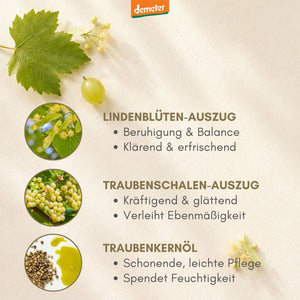 dieNikolai Wirkstoff-Infografik mit Lindenblüten-Auszug, Traubenschalen-Auszug und Traubenkernöl sowie Weinblatt und Trauben – Demeter Bio-Naturkosmetik aus der Wachau