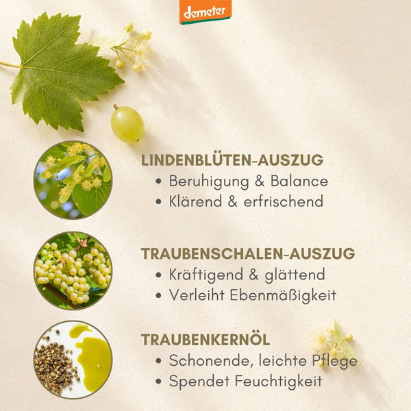 dieNikolai Wirkstoff-Infografik mit Lindenblüten-Auszug, Traubenschalen-Auszug und Traubenkernöl sowie Weinblatt und Trauben – Demeter Bio-Naturkosmetik aus der Wachau