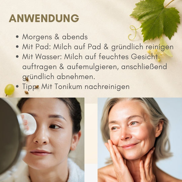 Anwendungs-Infografik dieNikolai Reinigungsmilch mit Frauenporträts und Reinigungspad – Demeter Bio-Gesichtsreinigung mit Tonikum-Tipp aus der Wachau