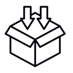Schwarz-weiße Icon-Illustration eines offenen Versandkartons mit Pfeilen – Symbol für den schnellen, sicheren Versand der dieNikolai Bio-Traubenkosmetik aus der Wachau