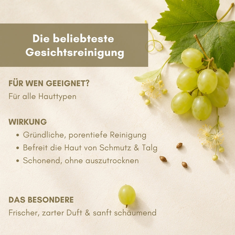 dieNikolai Reinigungsgel mit Spender und Verpackung umringt von Traubenkernen, Lindenblüten und Rosenblättern – Demeter Bio-Gesichtsreinigung aus Österreich