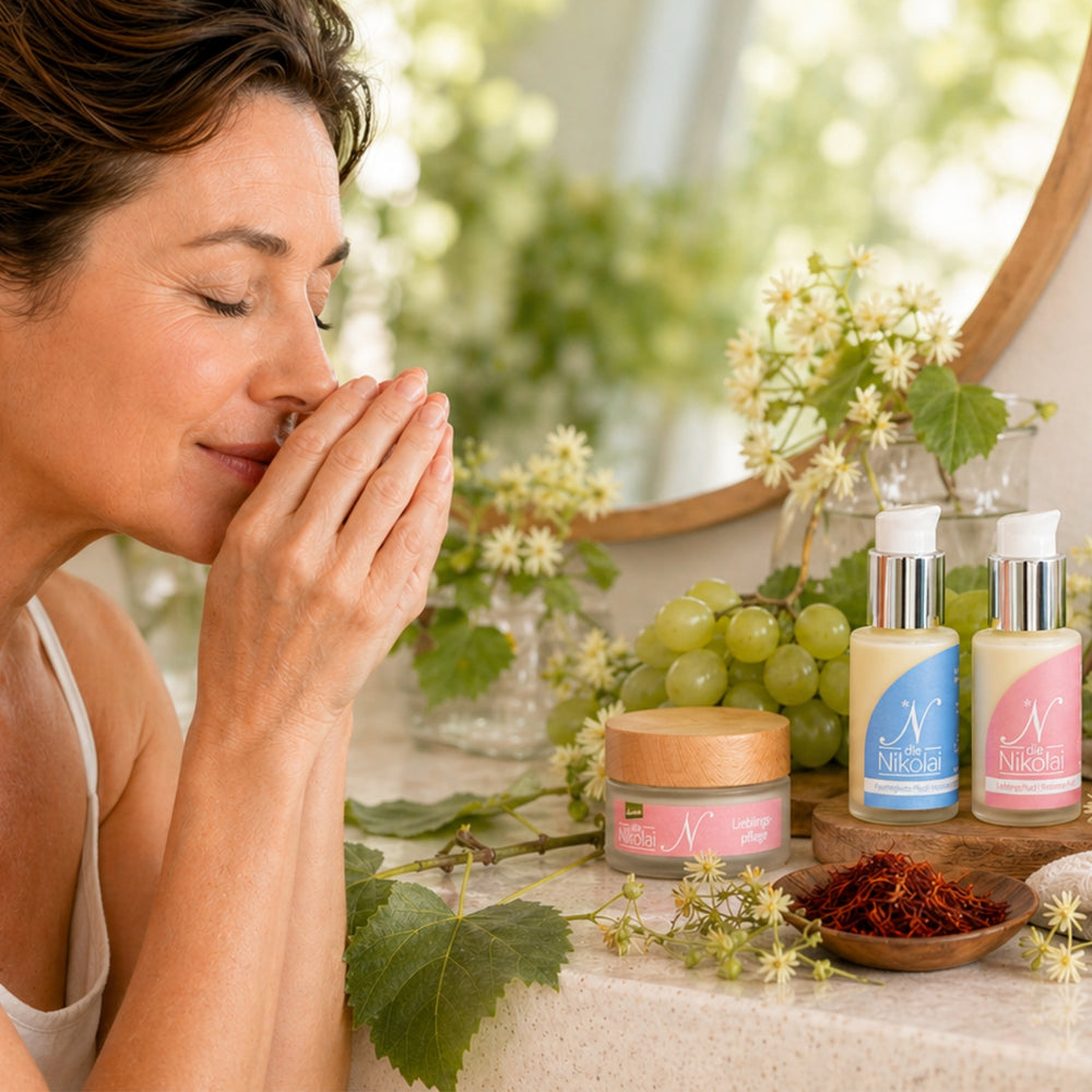 Frau riecht entspannt an ihren Händen neben dieNikolai Augen-Serum, Safran-Fluid und Tiegel mit Safranfäden – Demeter Bio-Traubenkosmetik aus der Wachau