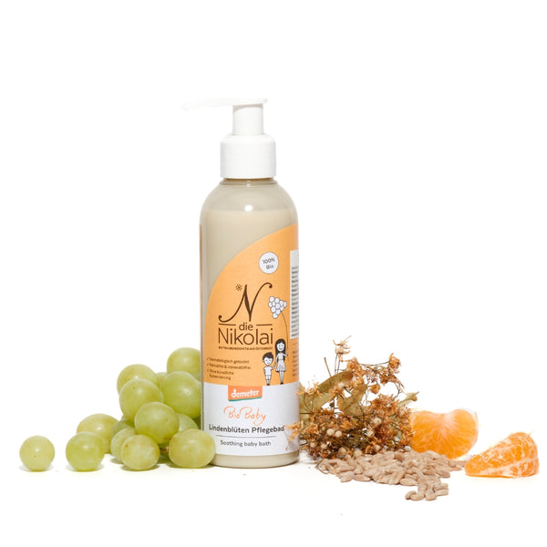 dieNikolai Bio Baby Lindenblüten Pflegebad mit grünen Trauben, Lindenblüten und Mandarine – sanftes Demeter Babybad aus Österreich, palmöl- und mineralölfrei