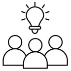 Schwarz-weiße Icon-Darstellung von drei Personen unter einer Glühbirne – Symbol für gemeinsame Inspiration und Werte hinter dieNikolai Bio-Traubenkosmetik