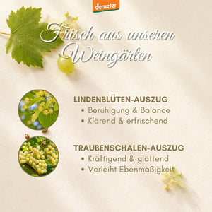 Infografik Frisch aus unseren Weingärten mit Lindenblüten- und Traubenschalen-Auszug, Demeter-Logo – natürliche Wirkstoffe der dieNikolai Bio-Traubenkosmetik