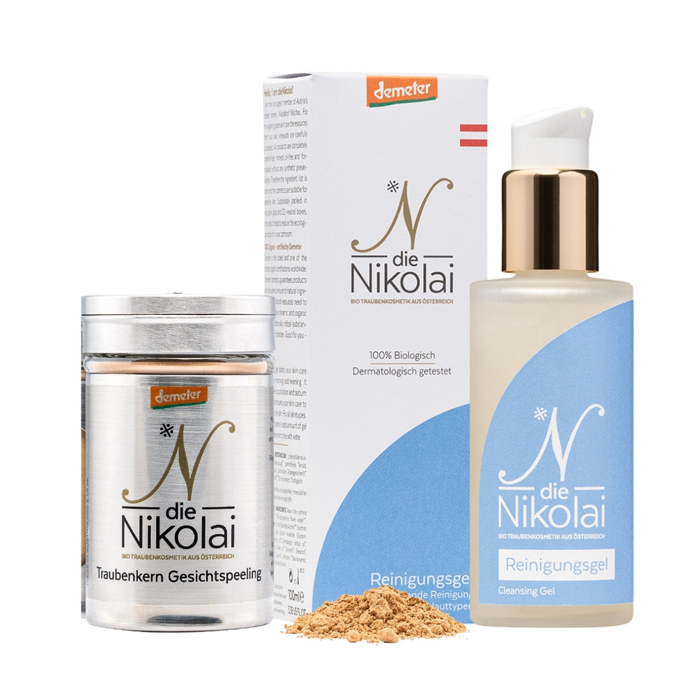 Produkttrio dieNikolai Traubenkern Gesichtspeeling und Reinigungsgel mit Demeter-Siegel – Bio-Gesichtsreinigung der dieNikolai Traubenkosmetik aus Österreich