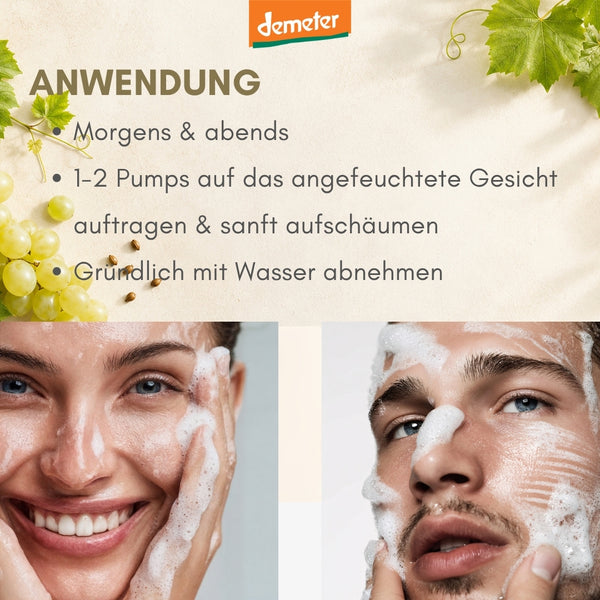Anwendungs-Infografik mit Frau und Mann beim Waschen sowie Demeter-Logo und Weintrauben – Reinigungs-Routine mit dieNikolai Bio-Traubenkosmetik