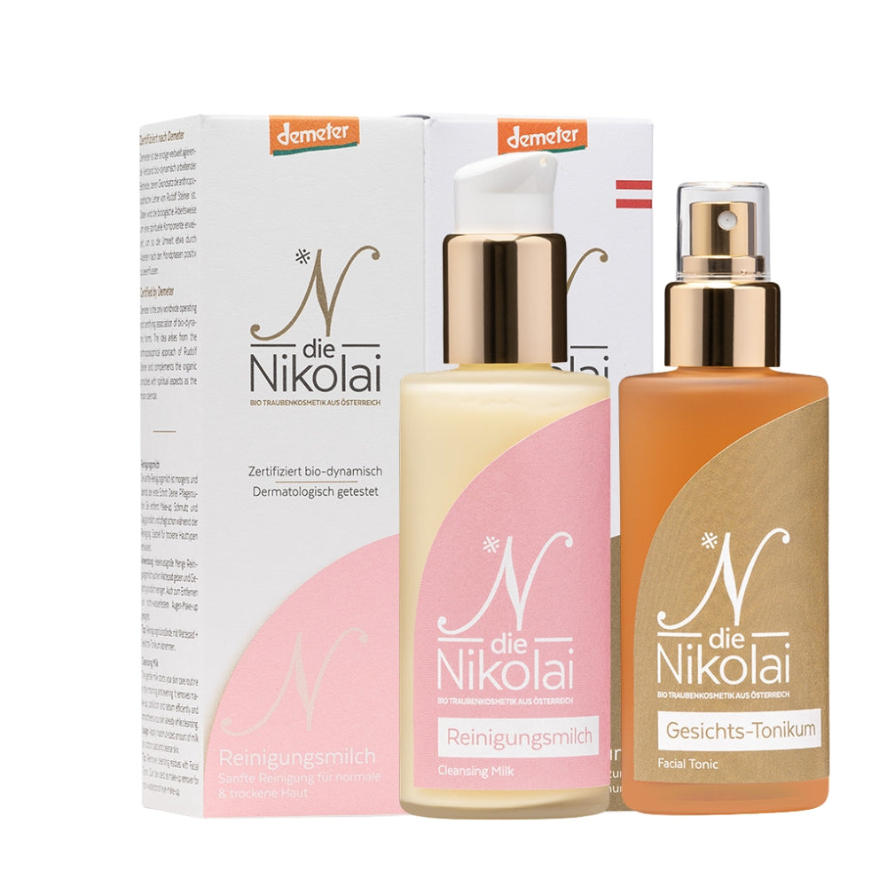dieNikolai Reinigungsmilch und Gesichts-Tonikum mit weisser und goldener Faltschachtel – Demeter Bio-Naturkosmetik Reinigungs-Duo aus der Wachau