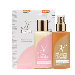 dieNikolai Reinigungsmilch und Gesichts-Tonikum mit weisser und goldener Faltschachtel – Demeter Bio-Naturkosmetik Reinigungs-Duo aus der Wachau