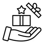 Schwarz-weißes Geschenk-Icon mit Hand, Box, Stern und Schleife – Geschenkservice für dieNikolai Demeter Bio-Traubenkosmetik aus Österreich