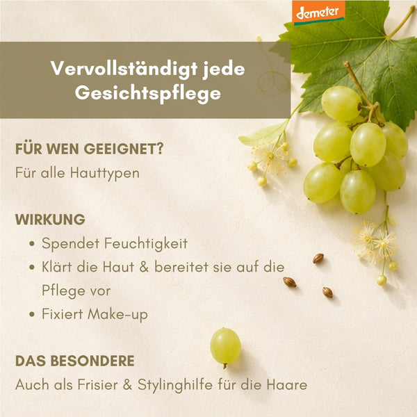 Infografik dieNikolai Gesichtspflege mit Trauben und Lindenblüten – vervollständigt jede Gesichtspflege, spendet Feuchtigkeit, klärt die Haut und dient als Stylinghilfe