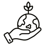 Schwarz-weißes Icon einer Hand, die Weltkugel mit Setzling trägt – Symbol für nachhaltige Verantwortung von dieNikolai Demeter Bio-Naturkosmetik