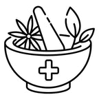 Strichzeichnung einer Apothekerschale mit Mörser und Heilpflanzen – Symbol für die natürliche Wirkkraft der dieNikolai Demeter Bio-Naturkosmetik aus der Wachau