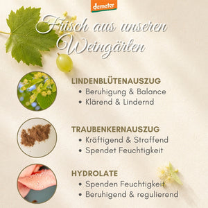 Infografik frisch aus den Weingärten mit Lindenblütenauszug, Traubenkernauszug und Hydrolaten – Wirkstoffe der dieNikolai Demeter Bio-Traubenkosmetik aus der Wachau