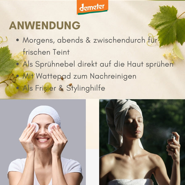 Anwendungs-Infografik dieNikolai Gesichtswasser mit Trauben und Demeter-Logo – als Sprühnebel, mit Wattepad oder als Stylinghilfe für frischen Teint