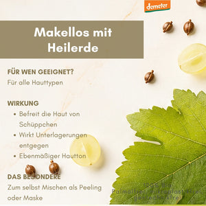 Infografik Makellos mit Heilerde der dieNikolai Demeter Bio-Traubenkosmetik mit Trauben, Traubenkernen und Weinblatt – palmöl- und mikroplastikfreie Pflege