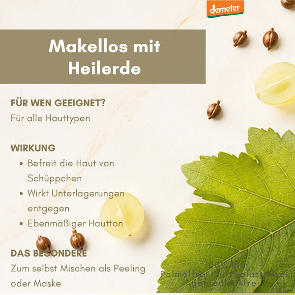 Infografik Makellos mit Heilerde der dieNikolai Demeter Bio-Traubenkosmetik mit Trauben, Traubenkernen und Weinblatt – palmöl- und mikroplastikfreie Pflege