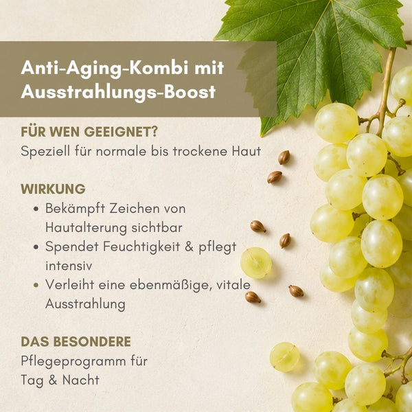 Produkt-Infografik Anti-Aging-Kombi mit Ausstrahlungs-Boost, grünen Trauben und Weinblatt – Tag- und Nachtpflege-Programm der dieNikolai Bio-Traubenkosmetik