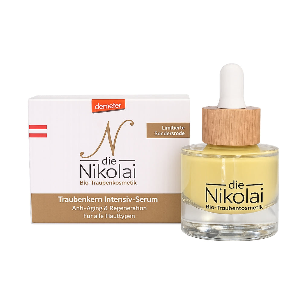 dieNikolai Traubenkern Intensiv-Serum in limitierter Sonderedition mit Faltschachtel und Demeter-Siegel – Anti-Aging Bio-Traubenkosmetik aus Österreich