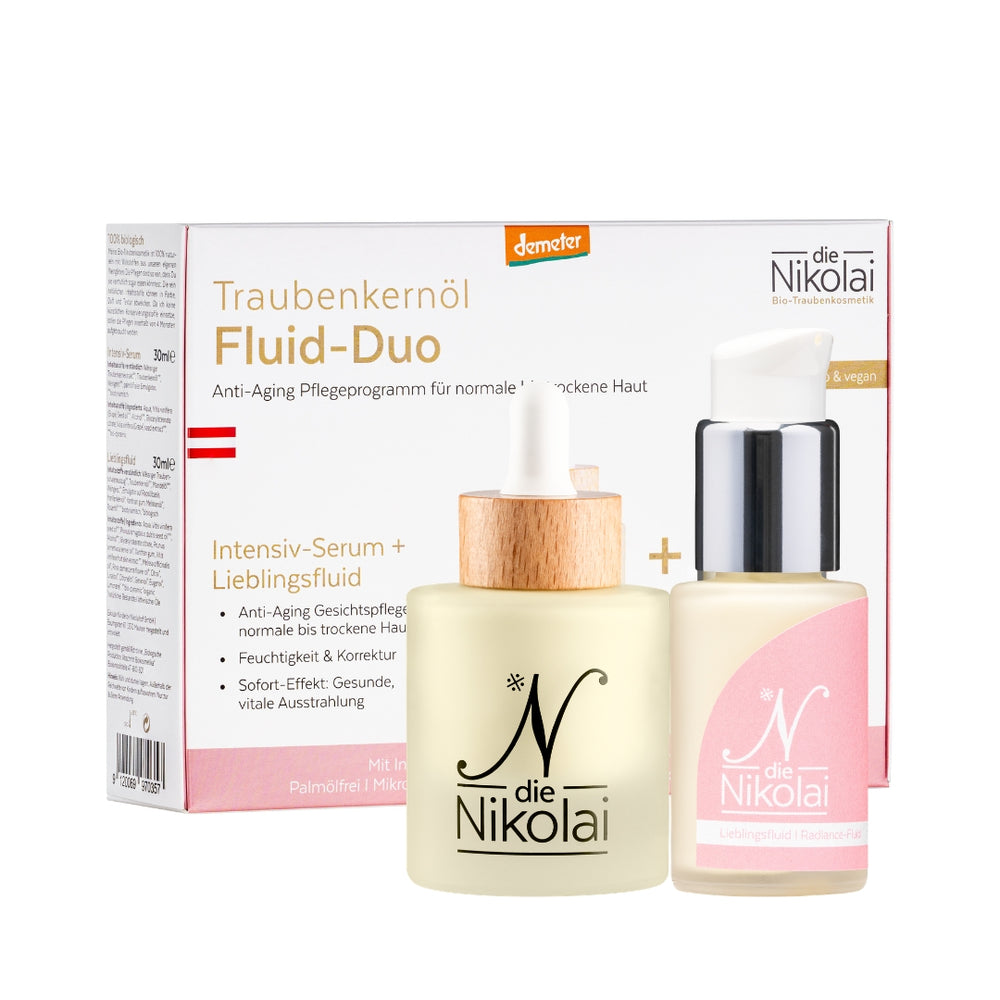 dieNikolai Traubenkernöl Fluid-Duo mit Intensiv-Serum und Lieblingsfluid neben Demeter-Verpackung – Anti-Aging Pflegeprogramm Bio-Traubenkosmetik aus der Wachau