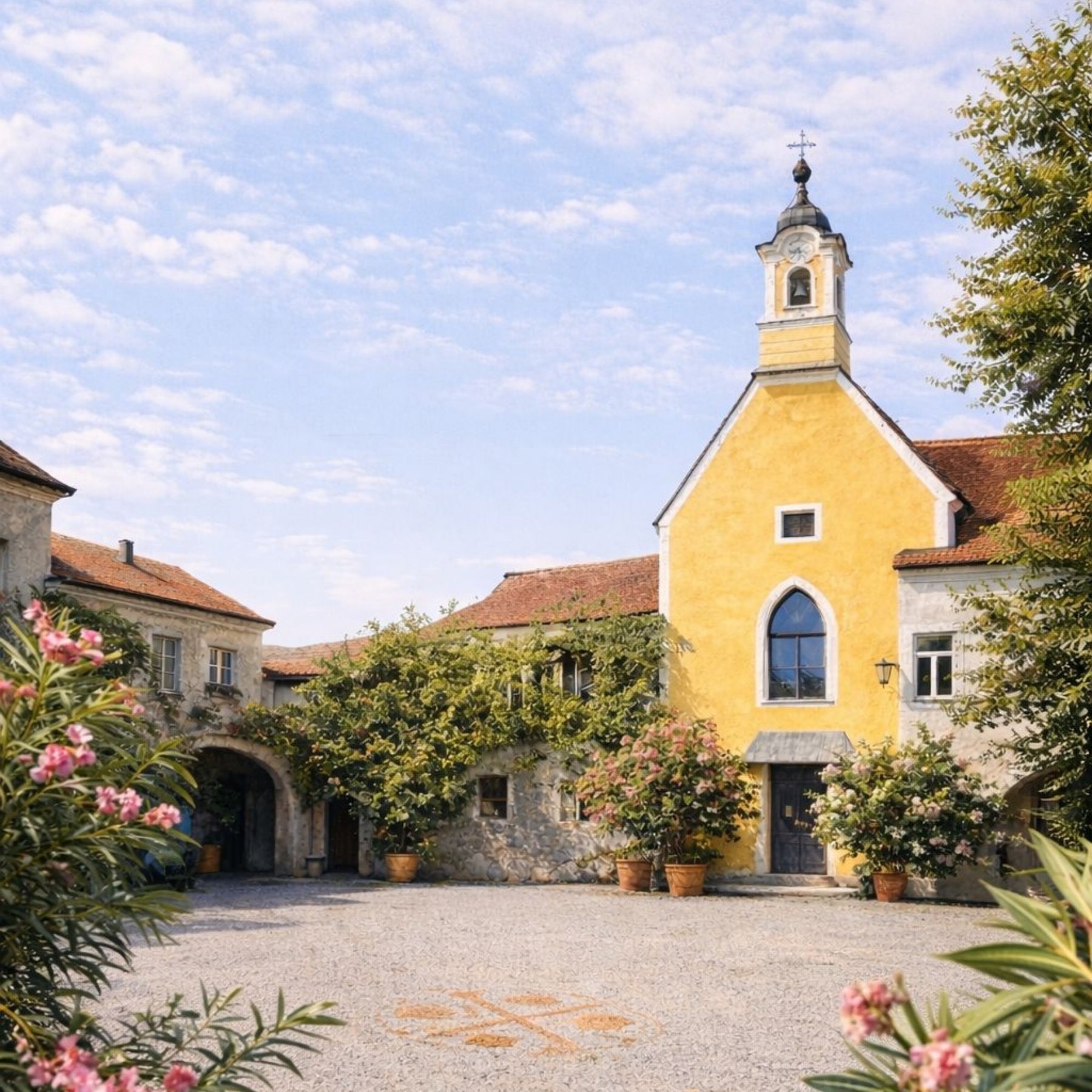 Sonniger Innenhof des Nikolaihofs mit gelber Kapelle, Oleander und altem Mauerwerk – historische Heimat der dieNikolai Demeter Bio-Traubenkosmetik in der Wachau