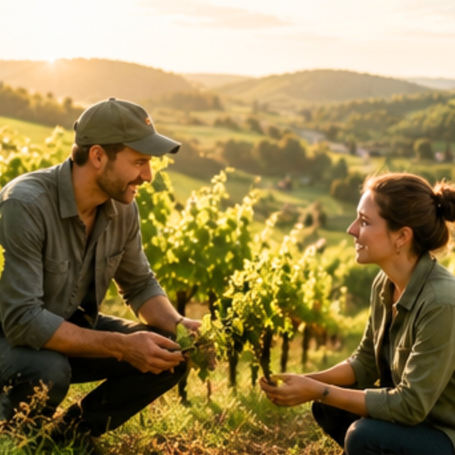 Winzer und Winzerin knien im Weingarten der Wachau und prüfen Reben im Abendlicht – biodynamische Landwirtschaft hinter dieNikolai Bio-Traubenkosmetik