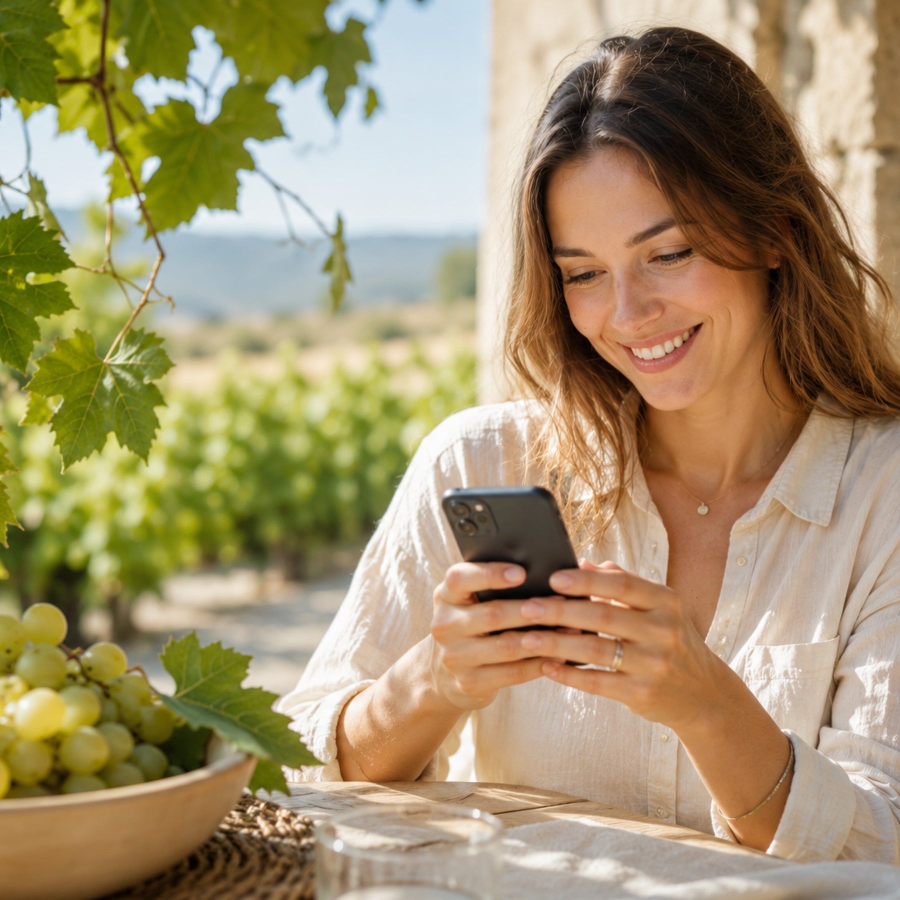 Lächelnde Frau am Smartphone in mediterranem Weingarten mit Trauben-Bowl – moderne Lifestyle-Szene rund um dieNikolai Bio-Traubenkosmetik aus der Wachau