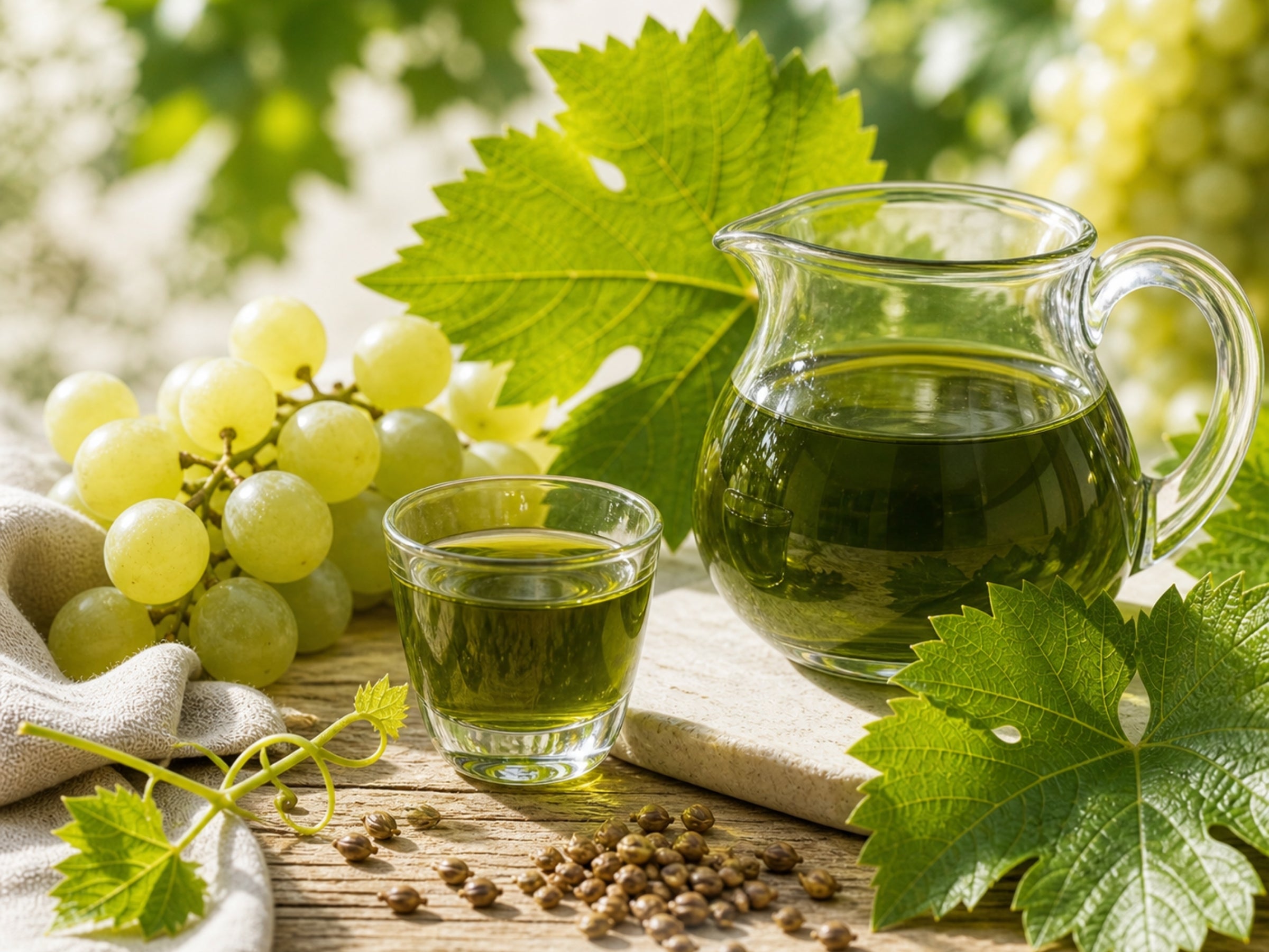 Karaffe mit grünem Traubenkernöl, Glas und Trauben zwischen Weinblättern auf Holztisch – Hauptzutat der dieNikolai Demeter Bio-Traubenkosmetik aus der Wachau