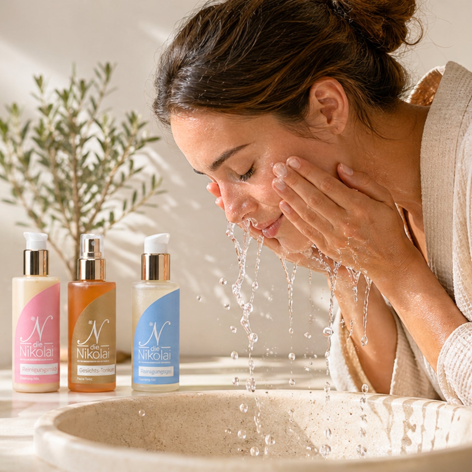 Frau wascht ihr Gesicht über Steinwaschbecken neben dieNikolai Reinigungsmilch, Gesichts-Tonikum und Reinigungsgel – Demeter Bio-Traubenkosmetik aus der Wachau