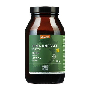 NaturKraftWerke Demeter Brennnesselpulver 160g im Braunglas mit grünem Etikett – Rohkost-Qualität erhältlich im dieNikolai Sortiment