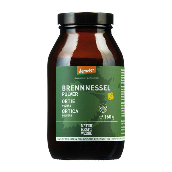 NaturKraftWerke Demeter Brennnesselpulver 160g im Braunglas mit grünem Etikett – Rohkost-Qualität erhältlich im dieNikolai Sortiment
