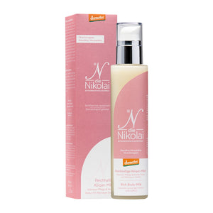 dieNikolai Reichhaltige Körper-Milch mit Wachauer Safran in 150 ml Spenderflasche und rosa Demeter-Verpackung – palmölfreie Bio-Traubenkosmetik aus Österreich