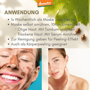Anwendungs-Infografik dieNikolai Heilerde-Maske mit lachenden Frauen – wöchentliches Bio-Peeling und Körpermaske aus der Wachau, palmölfrei