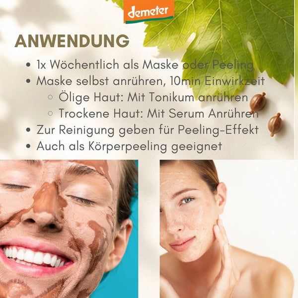 Anwendungs-Infografik dieNikolai Heilerde-Maske mit lachenden Frauen – wöchentliches Bio-Peeling und Körpermaske aus der Wachau, palmölfrei