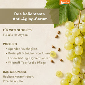 Infografik dieNikolai Anti-Aging-Serum mit Trauben, Traubenkernen und Weinblatt – 90% Wirkstoffe Demeter Bio-Naturkosmetik aus der Wachau