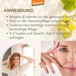 Anwendungs-Infografik mit lockiger Frau am Spiegel, Augenpartie und Trauben mit Demeter-Logo – Anwendung der dieNikolai Bio-Traubenkosmetik für strahlende Haut