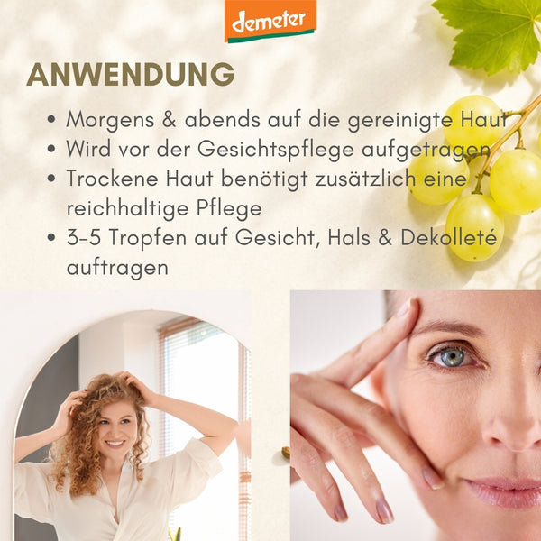 Anwendungs-Infografik mit lockiger Frau am Spiegel, Augenpartie und Trauben mit Demeter-Logo – Anwendung der dieNikolai Bio-Traubenkosmetik für strahlende Haut