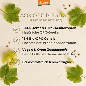 Infografik dieNikolai AOX OPC-Präparat Zusammensetzung mit Trauben und Weinblättern – 100% Demeter Traubenkernmehl und 15% Bio-OPC aus Österreich
