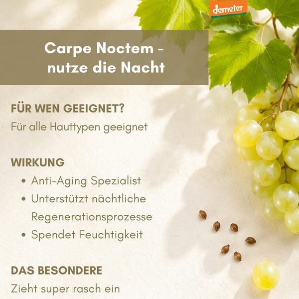 Infografik Carpe Noctem – nutze die Nacht mit Weinblättern und Trauben – Anti-Aging Nachtpflege der dieNikolai Demeter Bio-Traubenkosmetik aus der Wachau