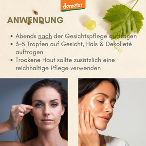 Anwendungs-Infografik dieNikolai Augenpflege mit zwei Modelfotos – 3-5 Tropfen auf Gesicht, Hals und Dekolleté für sichtbar straffere Haut, Demeter-Naturkosmetik