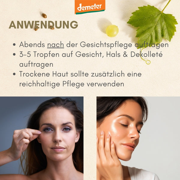 Anwendungs-Infografik dieNikolai Augenpflege mit zwei Modelfotos – 3-5 Tropfen auf Gesicht, Hals und Dekolleté für sichtbar straffere Haut, Demeter-Naturkosmetik