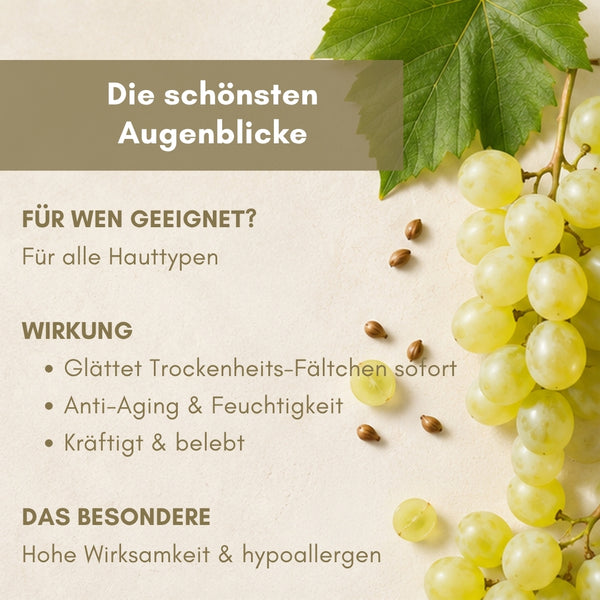 Infografik dieNikolai Augen-Serum Die schönsten Augenblicke mit Trauben, Traubenkernen und Weinblatt – hypoallergene Anti-Aging Demeter Bio-Augenpflege aus der Wachau