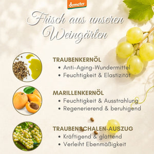Demeter-Infografik mit Traubenkernöl, Marillenkernöl und Traubenschalen-Auszug – wertvolle Wirkstoffe der dieNikolai Bio-Traubenkosmetik aus der Wachau
