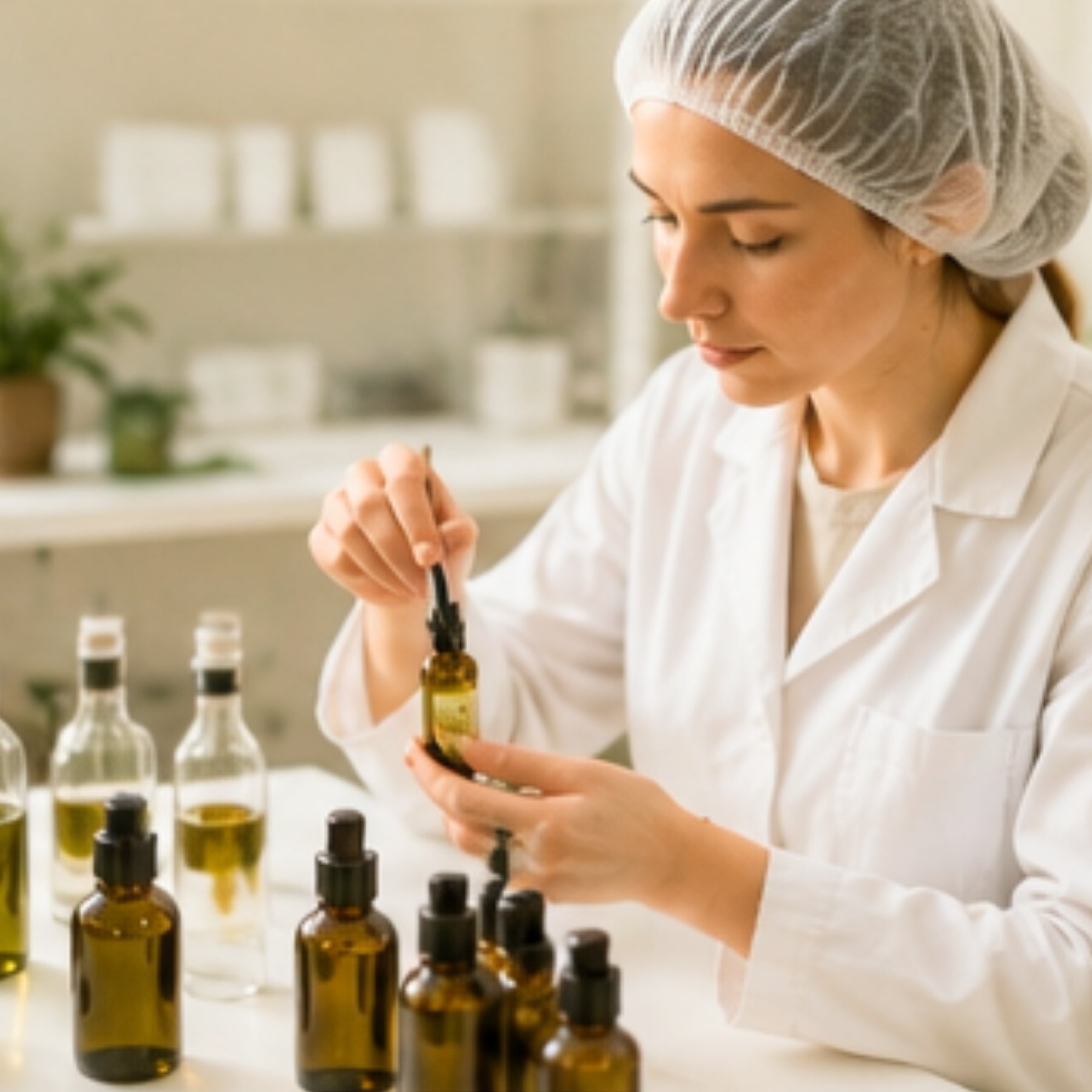 Laborantin in weißem Kittel mischt mit Pipette Pflanzenöle in Braunglasflaschen – sorgfältige Herstellung der dieNikolai Demeter Bio-Naturkosmetik