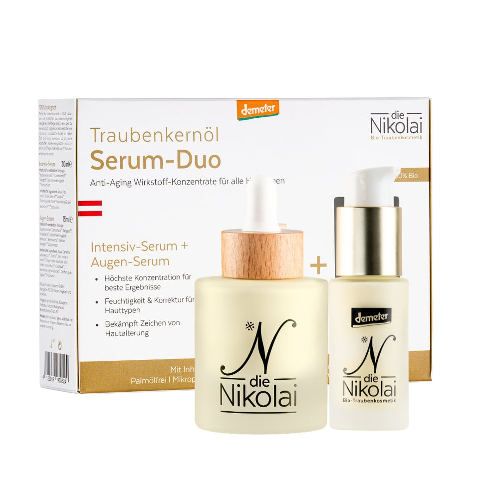 dieNikolai Traubenkernöl Serum-Duo mit Intensiv-Serum und Augen-Serum samt Demeter-Verpackung – Anti-Aging Bio-Traubenkosmetik aus Österreich